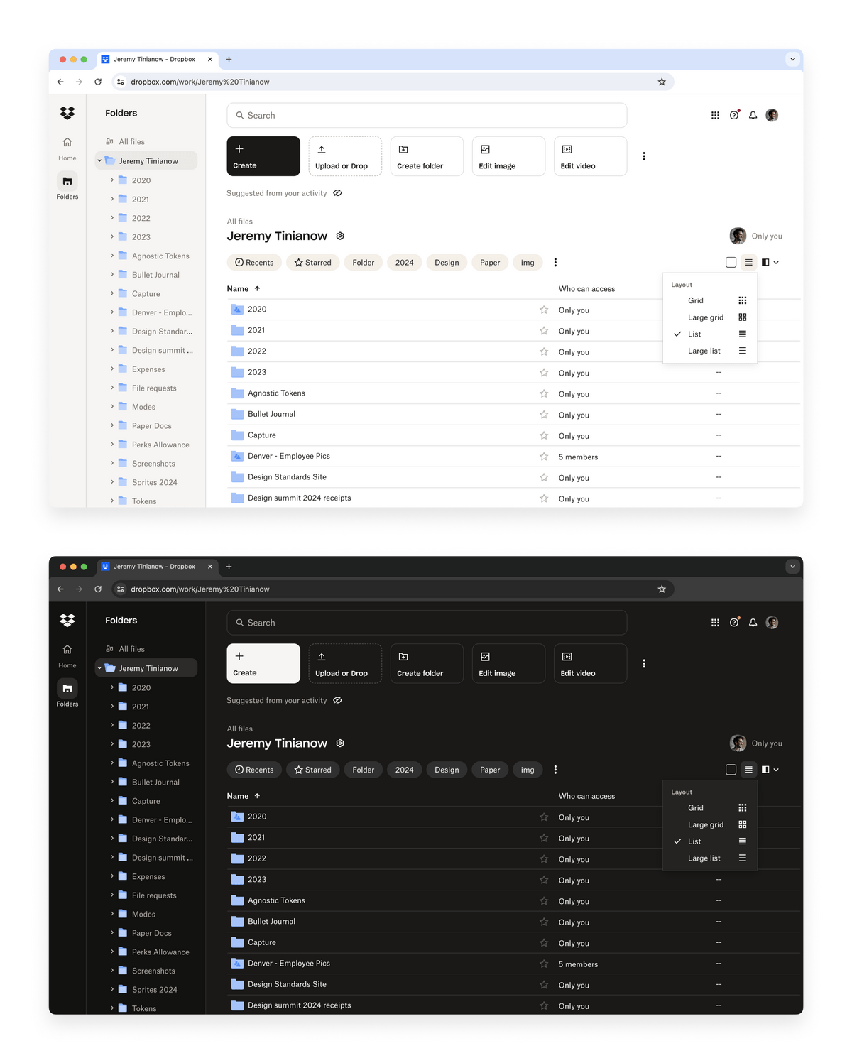 Dropbox browse rendered in bright and dark modes