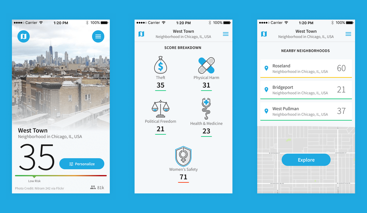 The Location Detail view puts the overall safety score front and center followed by supporting and related information.