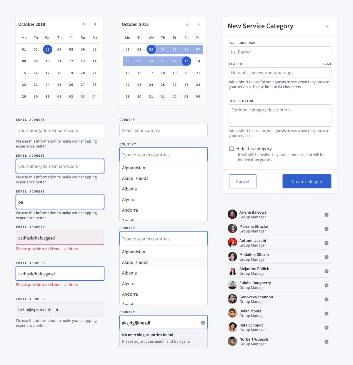 A collage of Heartwood components including calendars, inputs, lists, and modals.